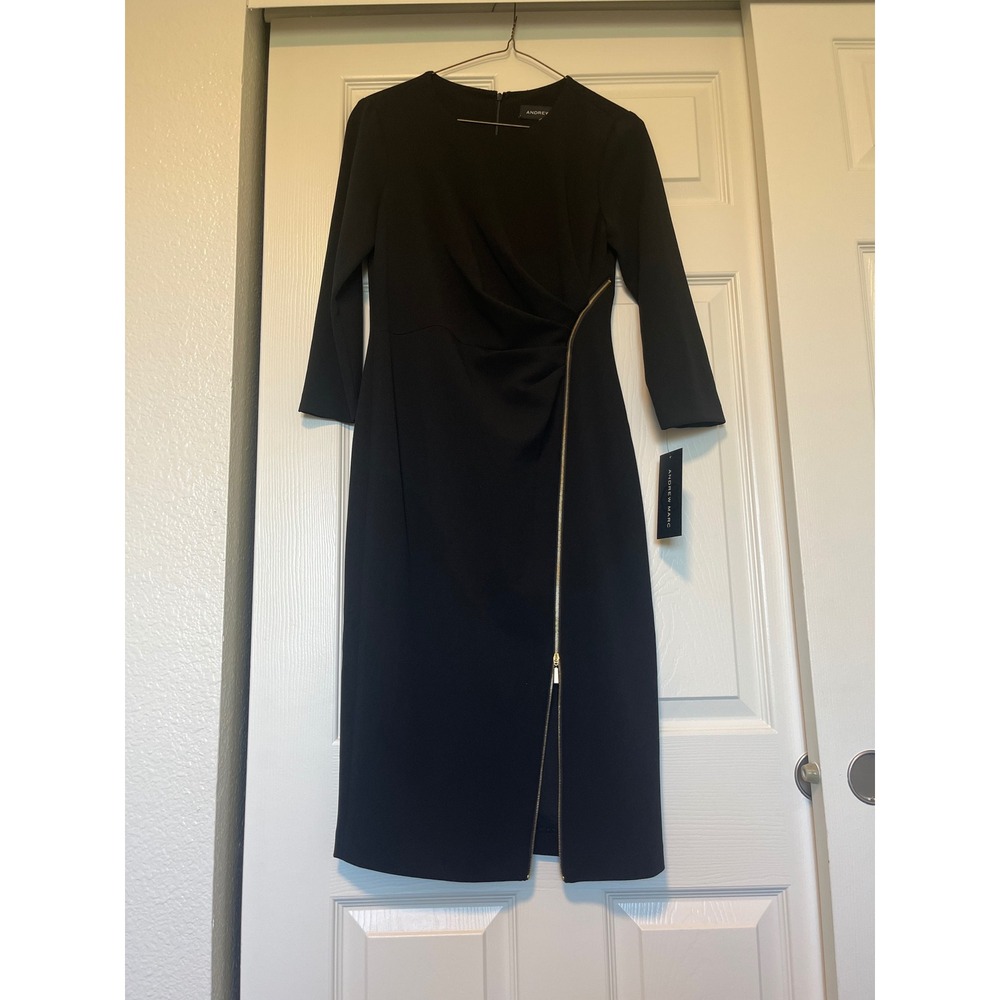 Andrew Marc Black Long Sleeve Sheath Dress Gold Zipper Detail Size 4